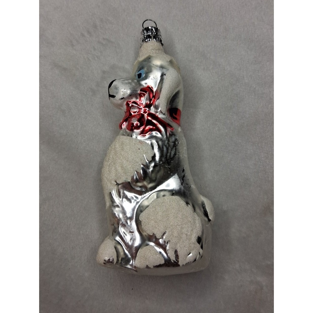 Vintage Czech Republic Flocked Dog Glass Christmas Ornament 4" Figural